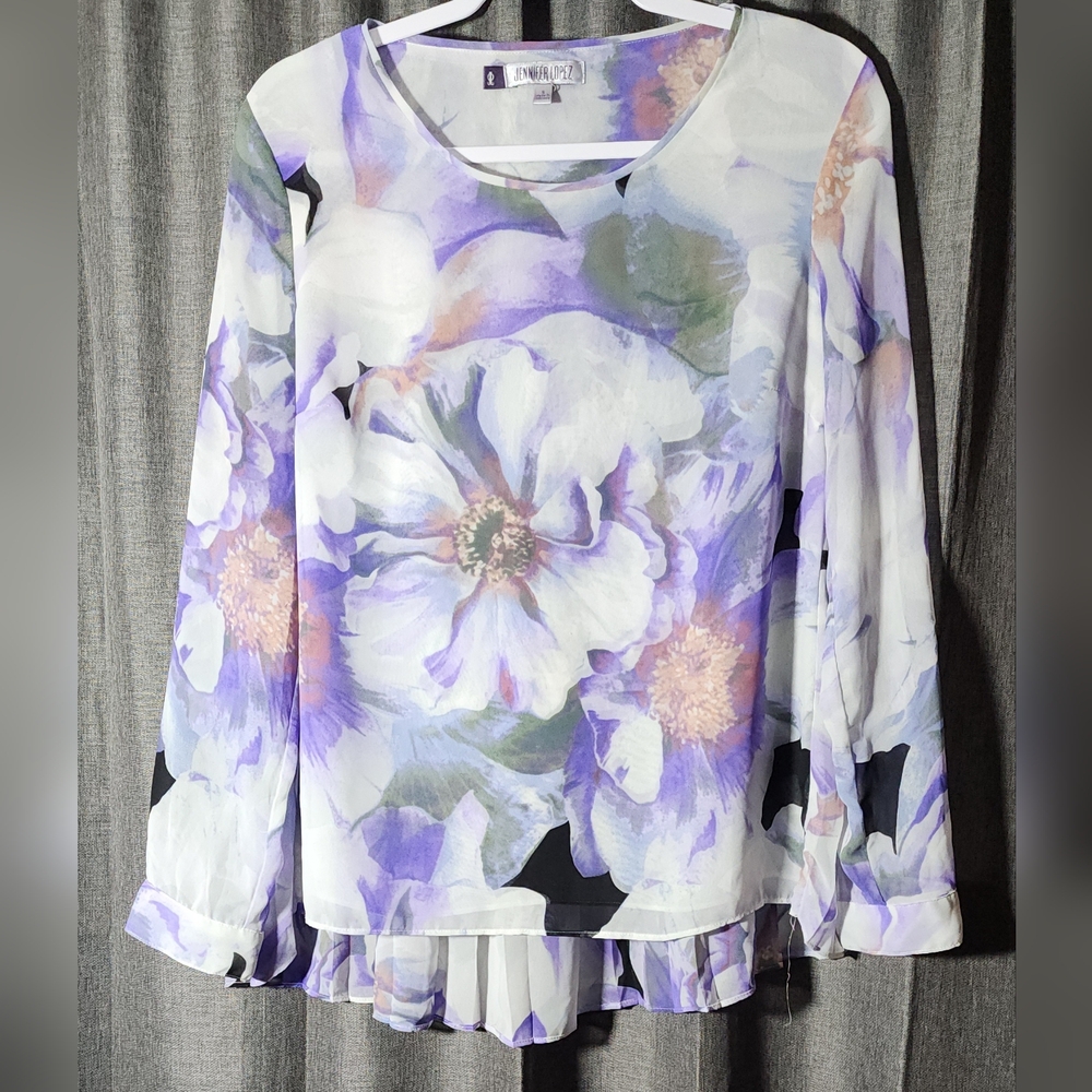 Jennifer Lopez Spring Floral Chiffon Tunic Blouse With Pleated Back sz S
